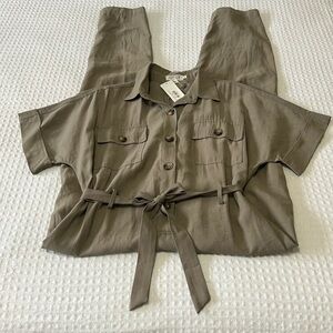 Molly Bracken Olive Green Short Sleeve Button-Down Jumpsuit with Belt Size Small